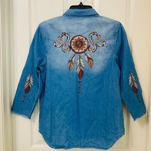 Miss Me Womens Embroidered Fringe Denim Chambray Western Button Down Top Size S